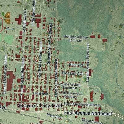 Close-up of the map of Staples, Minnesota print showing street and building detail