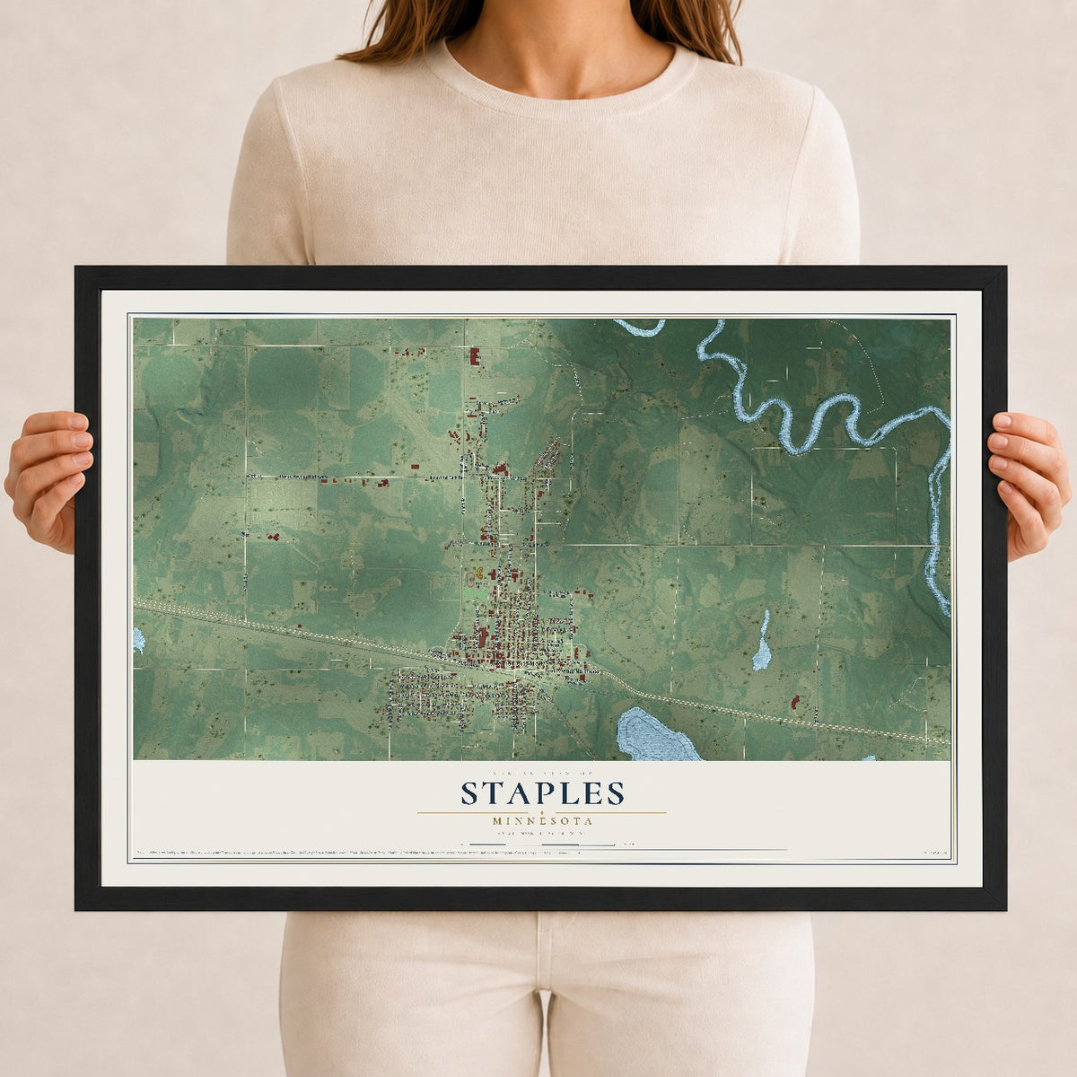 Map of Staples, Minnesota, 12 x 18 inch print in a black wood frame