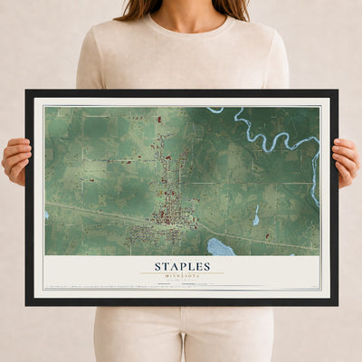 Map of Staples, Minnesota, 12 x 18 inch print in a black wood frame
