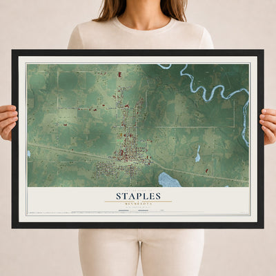 Map of Staples, Minnesota, 18 x 24 inch print in a black wood frame