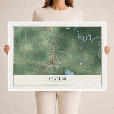 Map of Staples, Minnesota, 24 x 36 inch print in a white wood frame