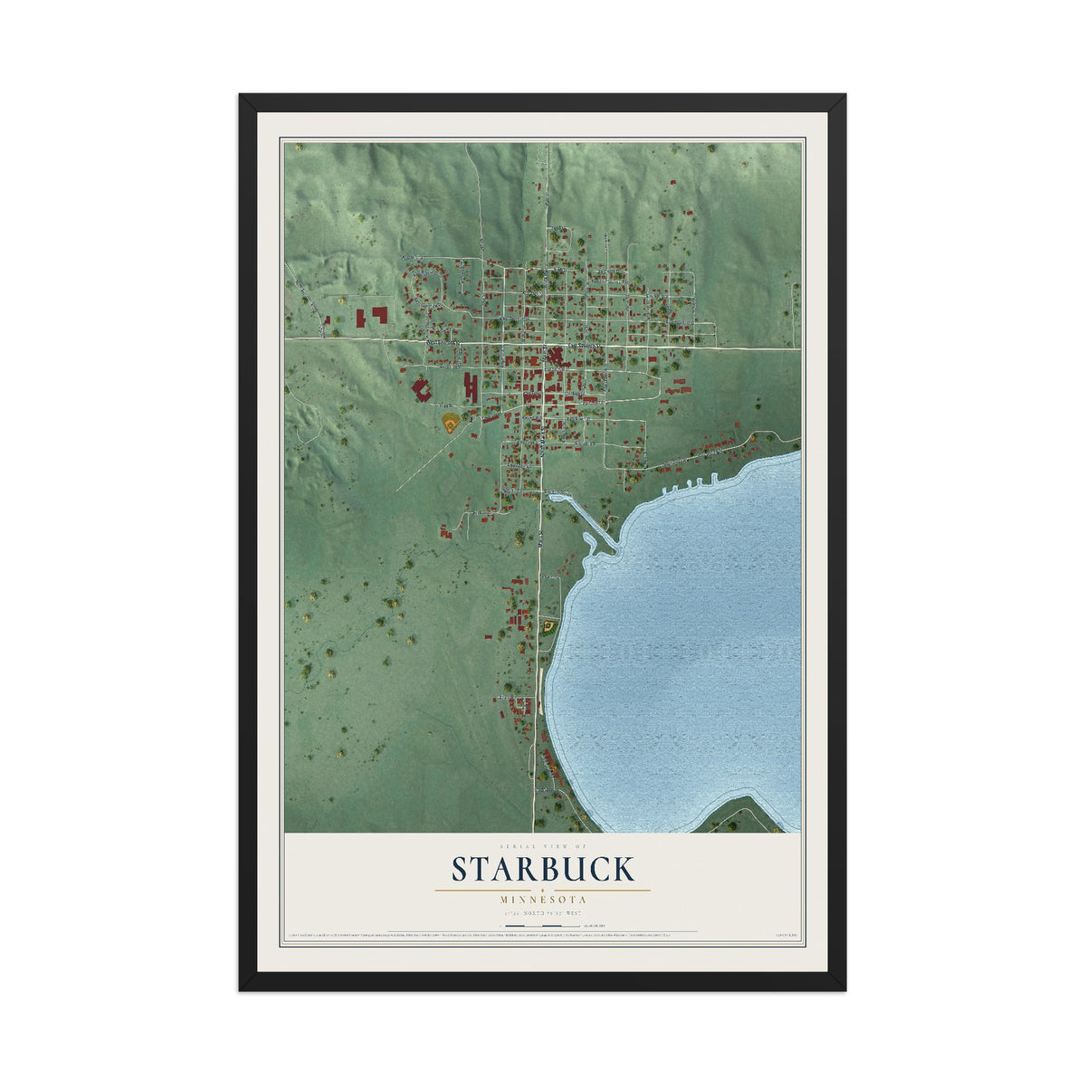 Map of Starbuck, Minnesota, 12 x 18 inch print in a black wood frame