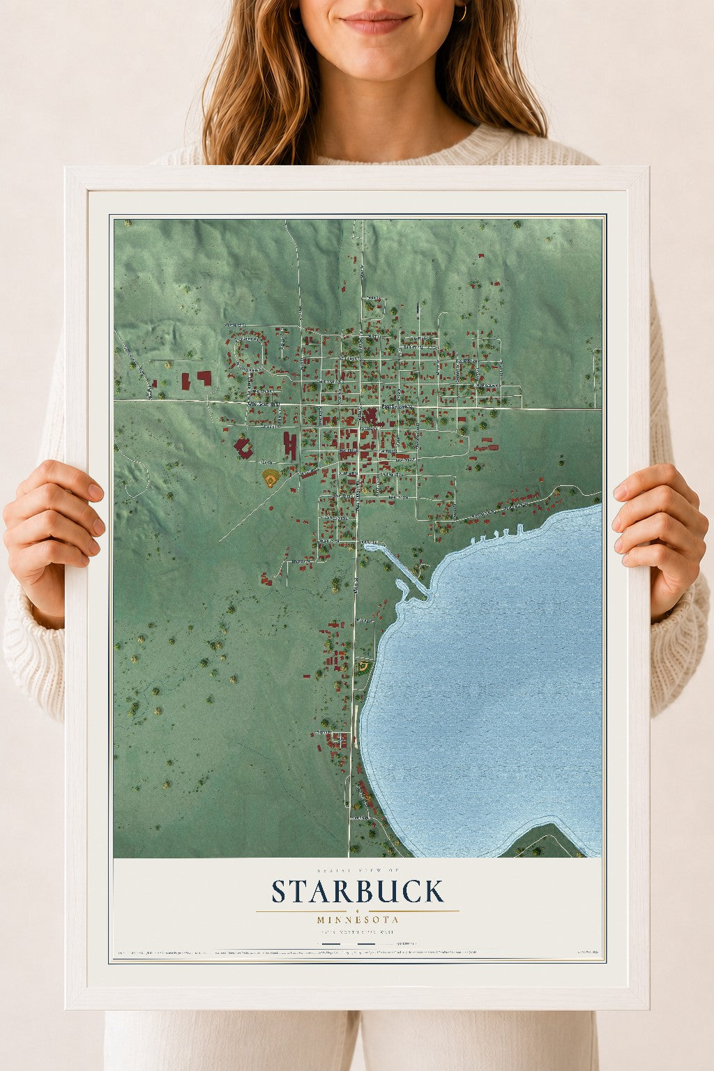 Map of Starbuck, Minnesota, 18 x 24 inch print in a white wood frame