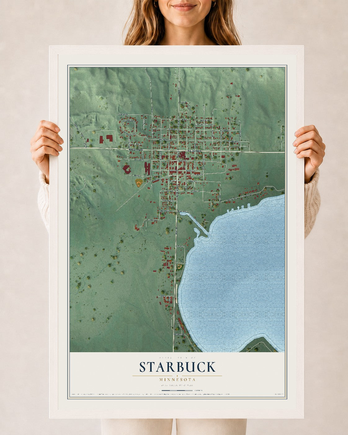 Map of Starbuck, Minnesota, 24 x 36 inch print in a white wood frame