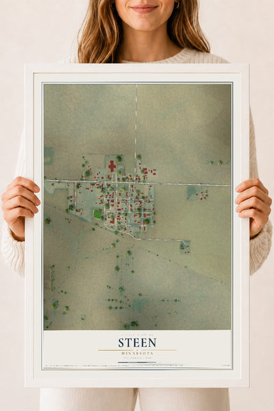 Map of Steen, Minnesota, 18 x 24 inch print in a white wood frame