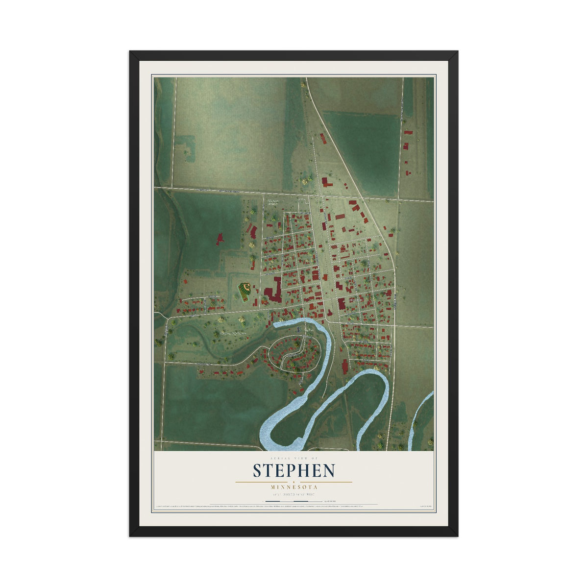 Map of Stephen, Minnesota, 12 x 18 inch print in a black wood frame