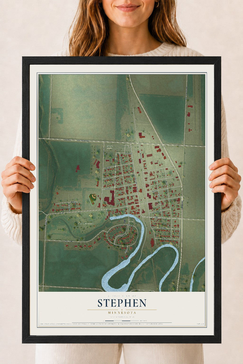 Map of Stephen, Minnesota, 18 x 24 inch print in a black wood frame