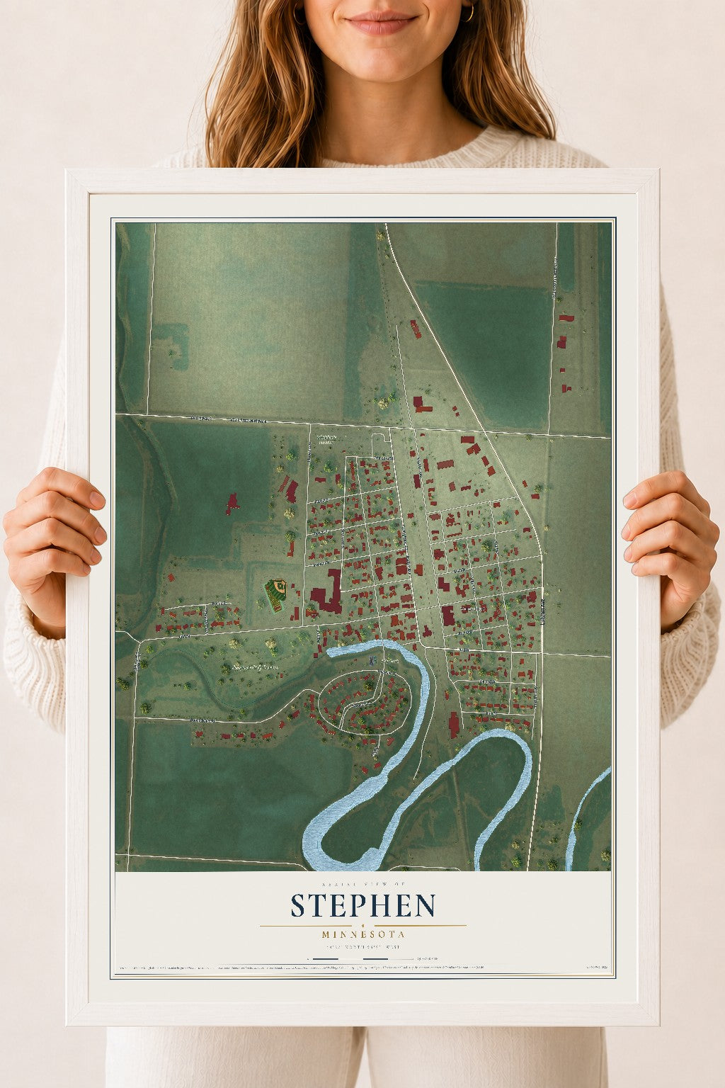 Map of Stephen, Minnesota, 18 x 24 inch print in a white wood frame