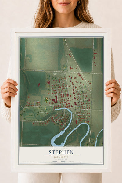 Map of Stephen, Minnesota, 18 x 24 inch print in a white wood frame