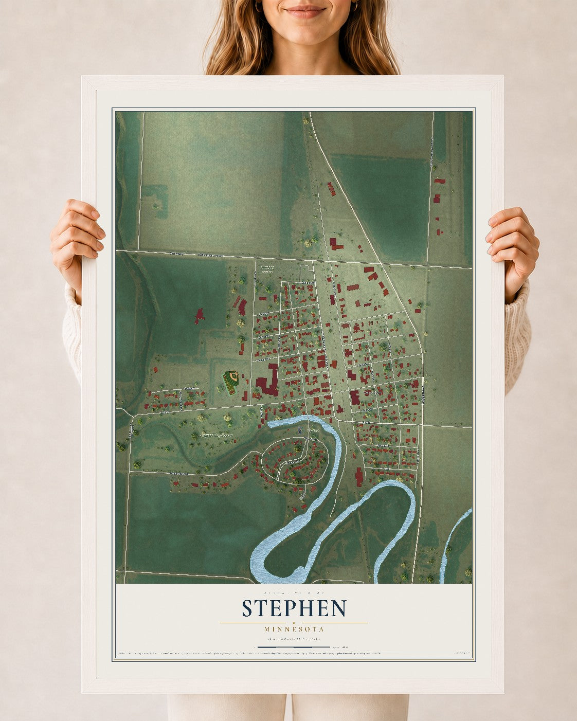 Map of Stephen, Minnesota, 24 x 36 inch print in a white wood frame