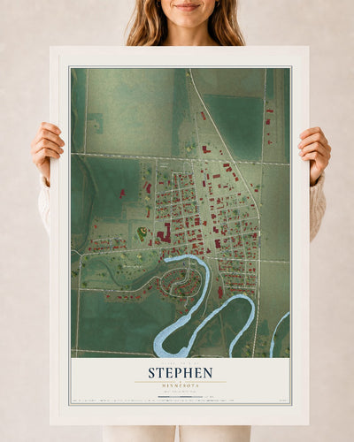 Map of Stephen, Minnesota, 24 x 36 inch print in a white wood frame
