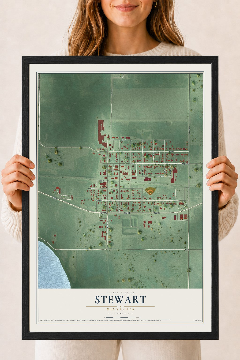 Map of Stewart, Minnesota, 18 x 24 inch print in a black wood frame