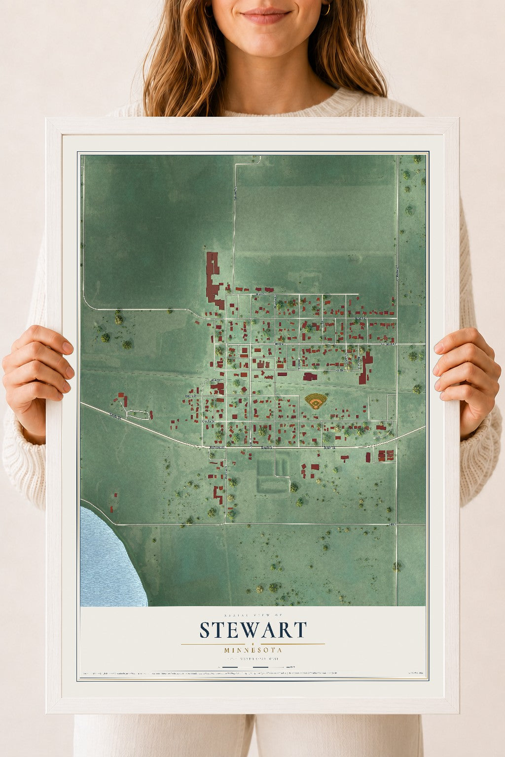 Map of Stewart, Minnesota, 18 x 24 inch print in a white wood frame