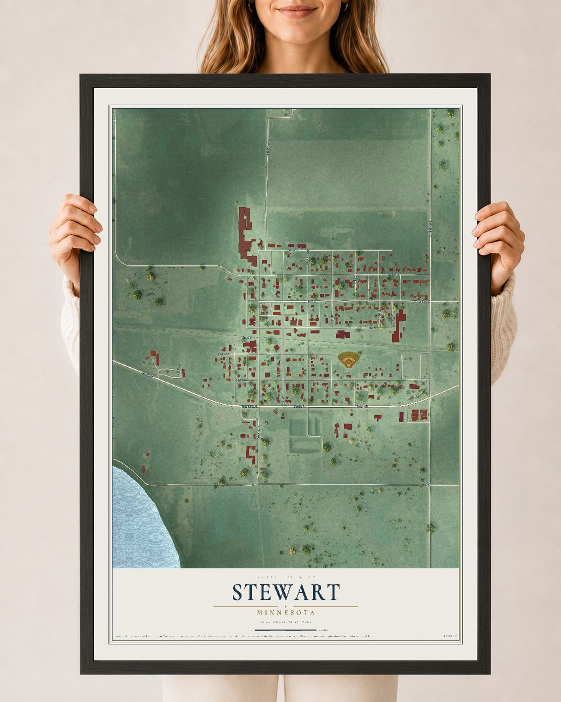 Map of Stewart, Minnesota, 24 x 36 inch print in a black wood frame