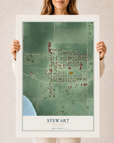 Map of Stewart, Minnesota, 24 x 36 inch print in a white wood frame