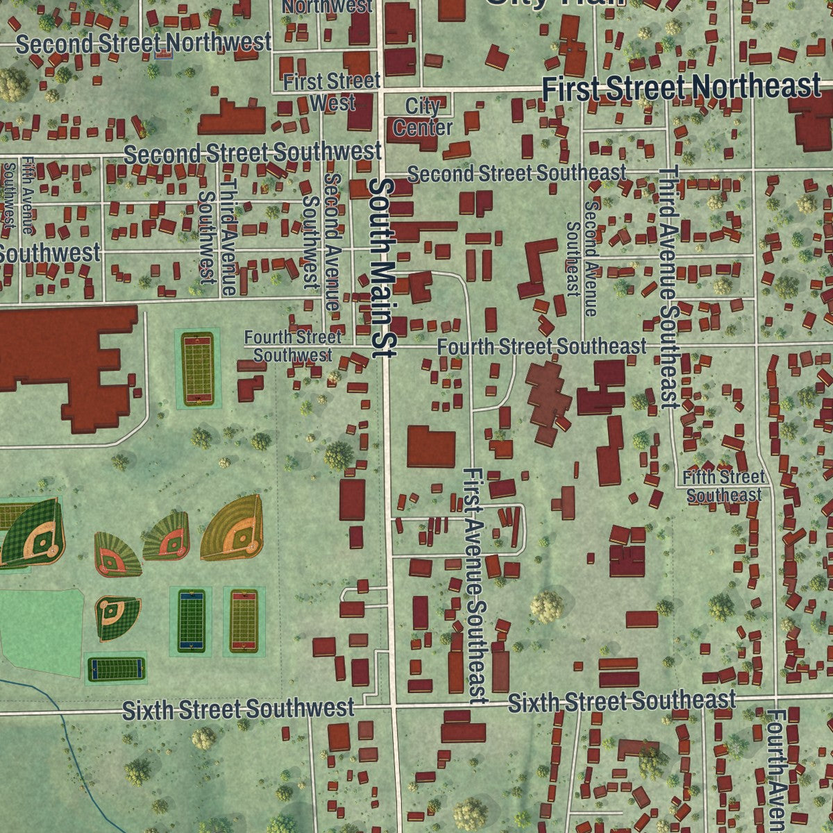 Close-up of the map of Stewartville, Minnesota print showing street and building detail