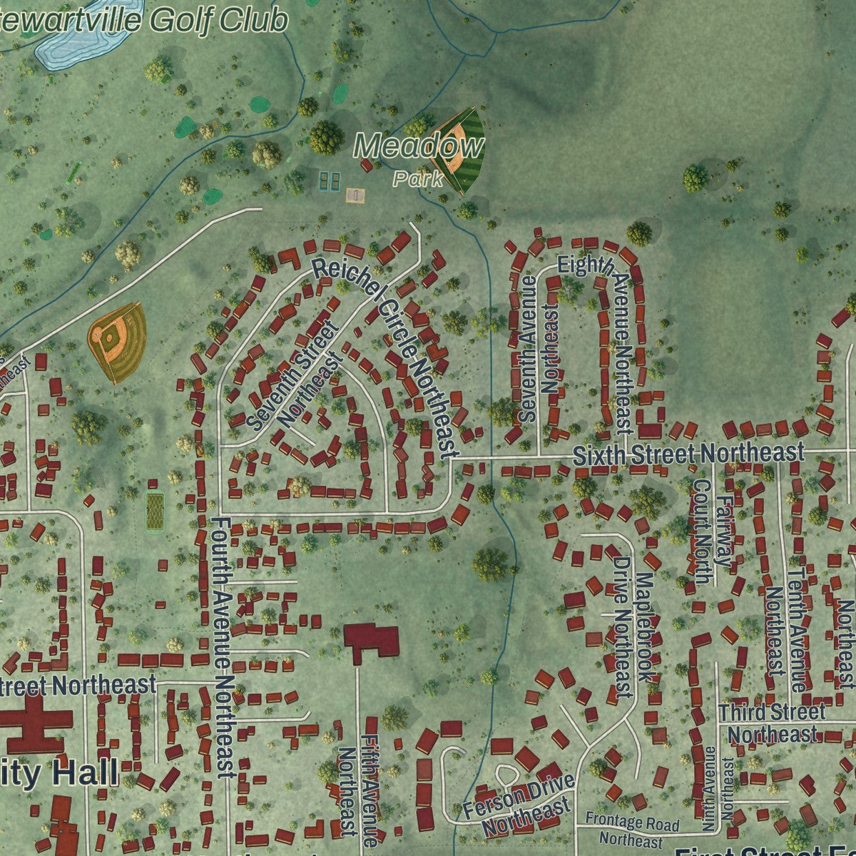 Second close-up of the map of Stewartville, Minnesota print showing more streets and buildings