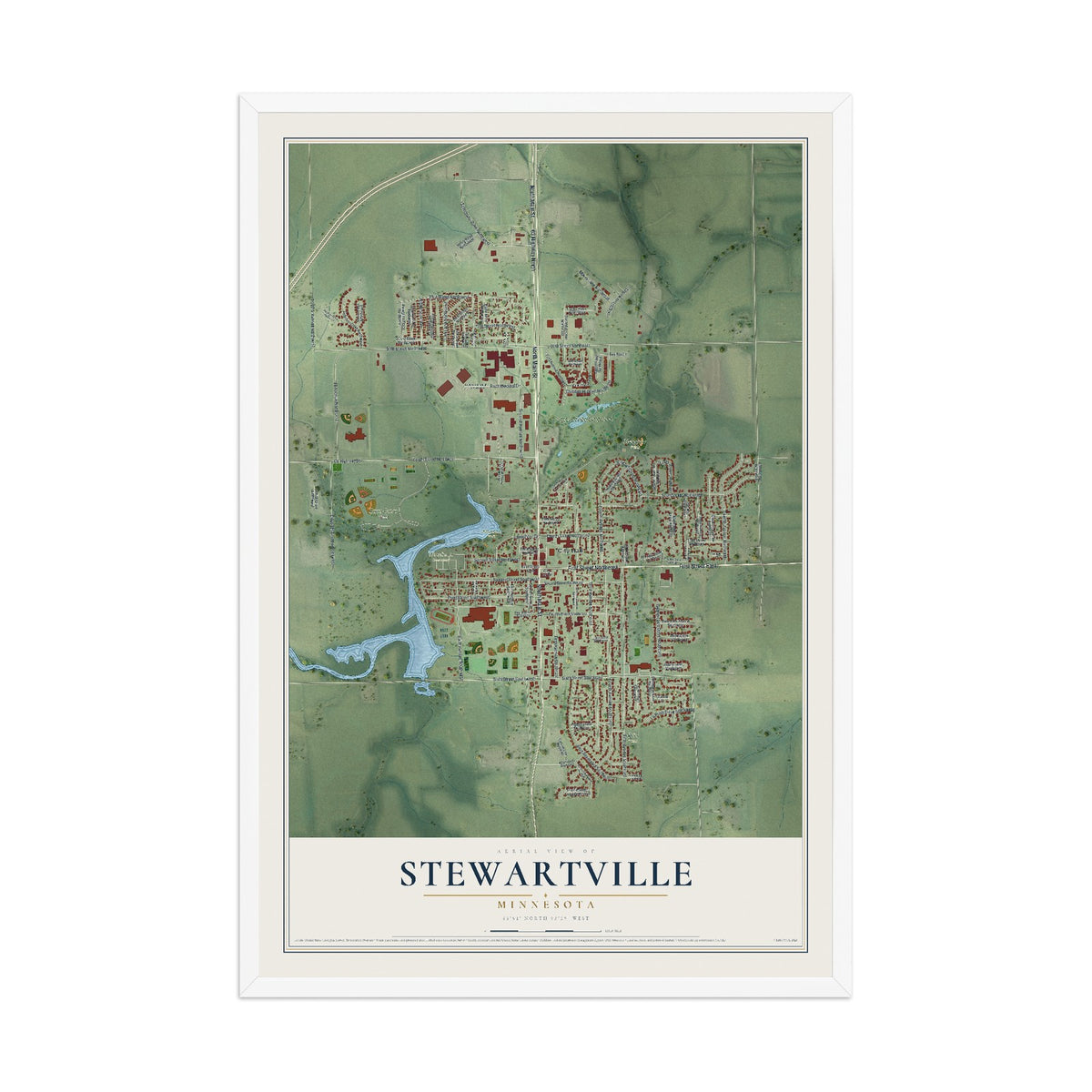 Map of Stewartville, Minnesota, 12 x 18 inch print in a white wood frame