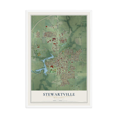Map of Stewartville, Minnesota, 12 x 18 inch print in a white wood frame