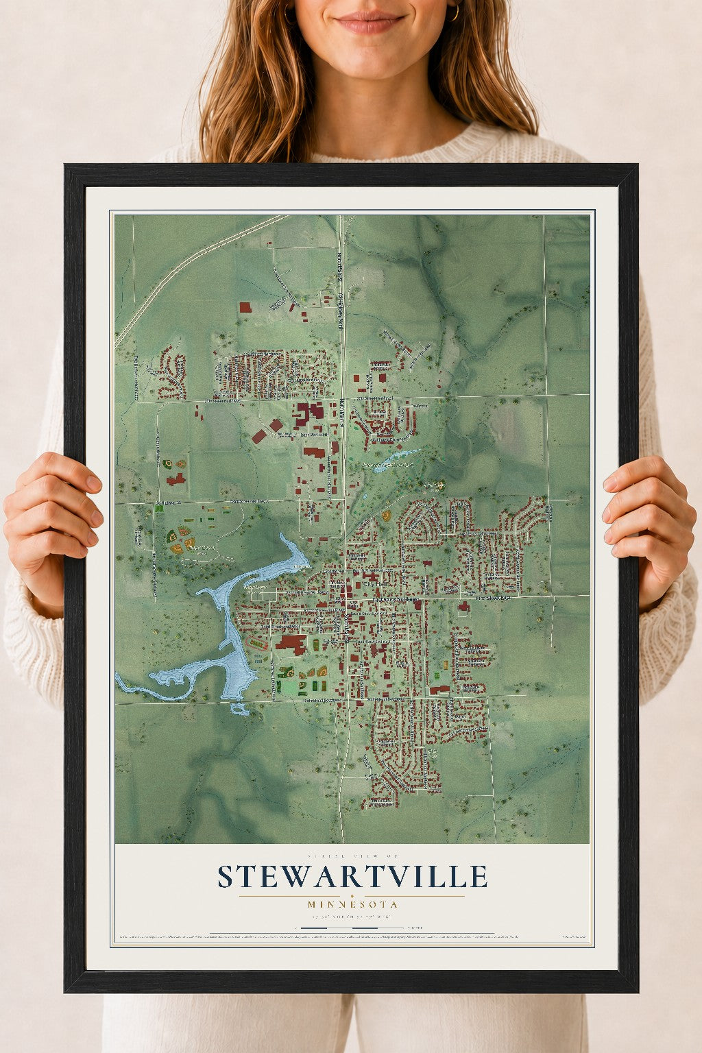 Map of Stewartville, Minnesota, 18 x 24 inch print in a black wood frame