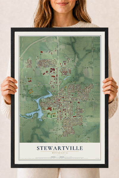 Map of Stewartville, Minnesota, 18 x 24 inch print in a black wood frame