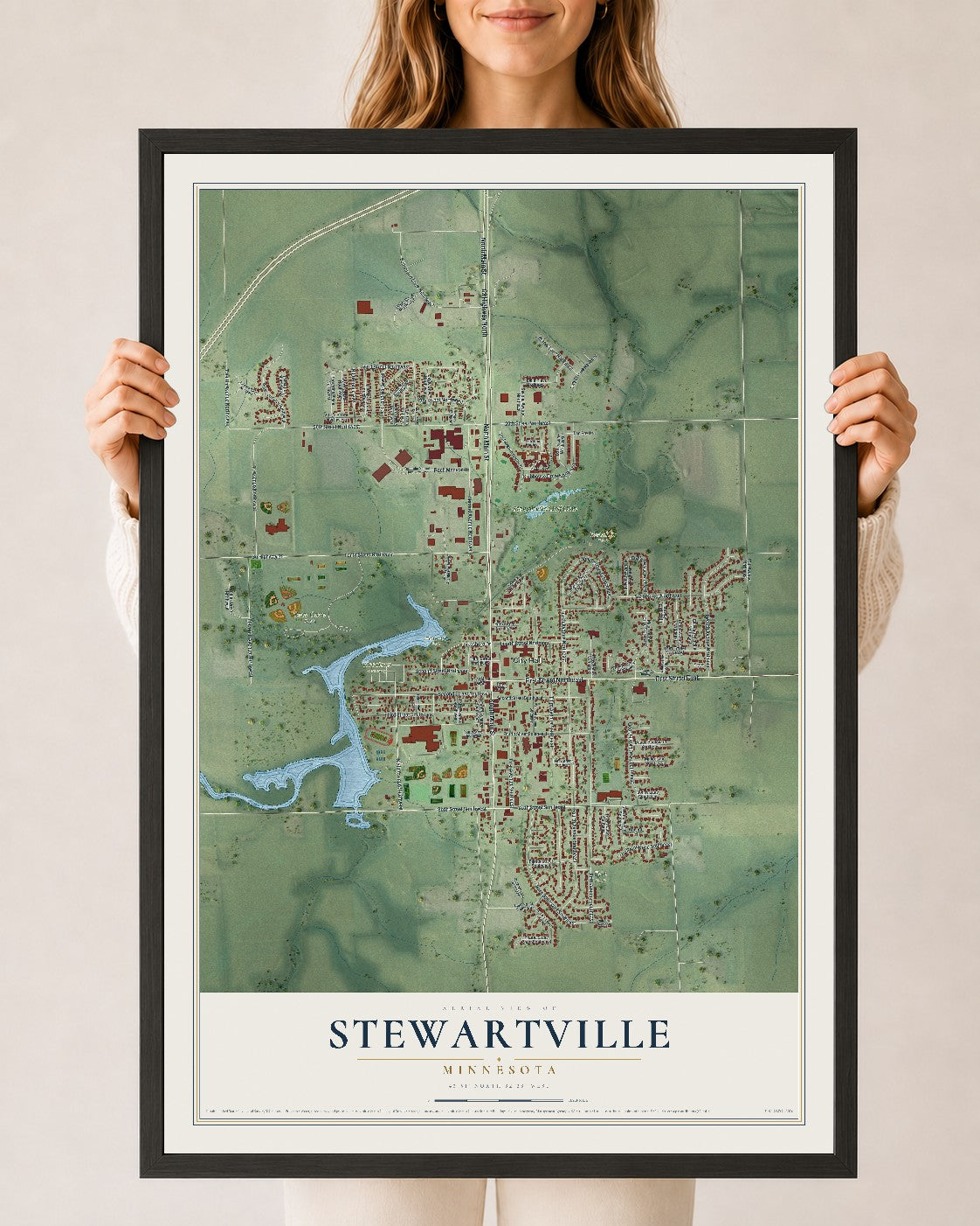 Map of Stewartville, Minnesota, 24 x 36 inch print in a black wood frame
