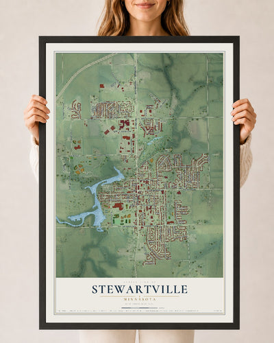 Map of Stewartville, Minnesota, 24 x 36 inch print in a black wood frame