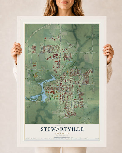 Map of Stewartville, Minnesota, 24 x 36 inch print in a white wood frame