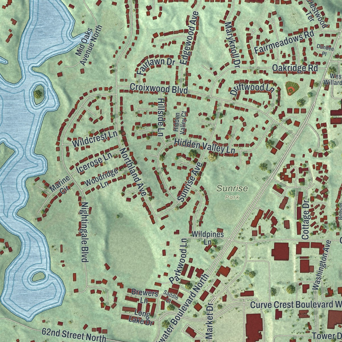 Second close-up of the map of Stillwater, Minnesota print showing more streets and buildings