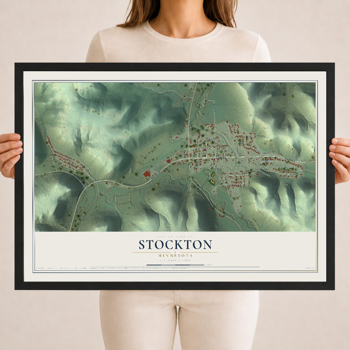 Map of Stockton, Minnesota, 18 x 24 inch print in a black wood frame