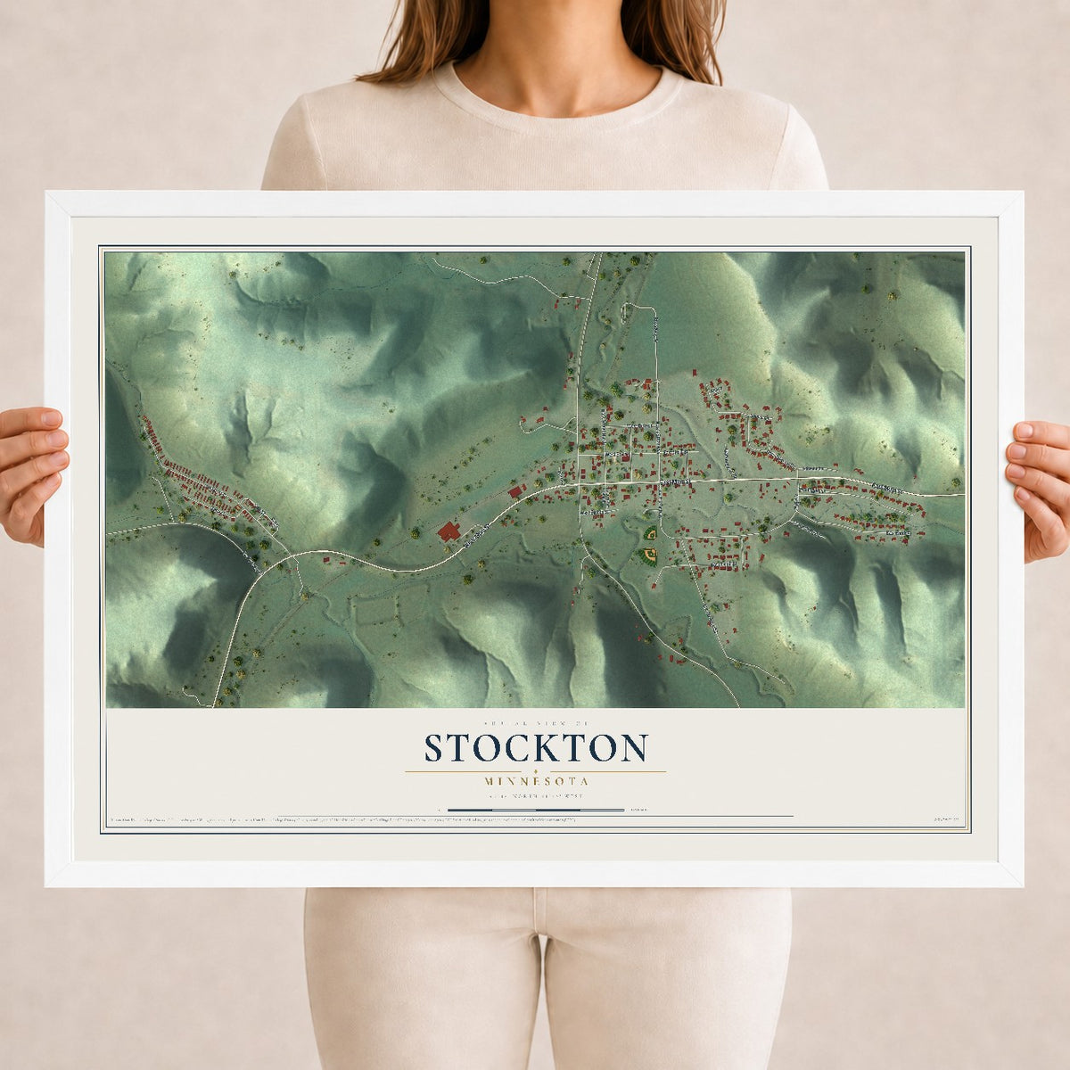 Map of Stockton, Minnesota, 18 x 24 inch print in a white wood frame