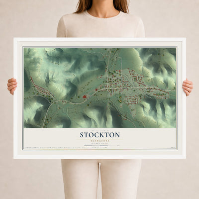 Map of Stockton, Minnesota, 24 x 36 inch print in a white wood frame