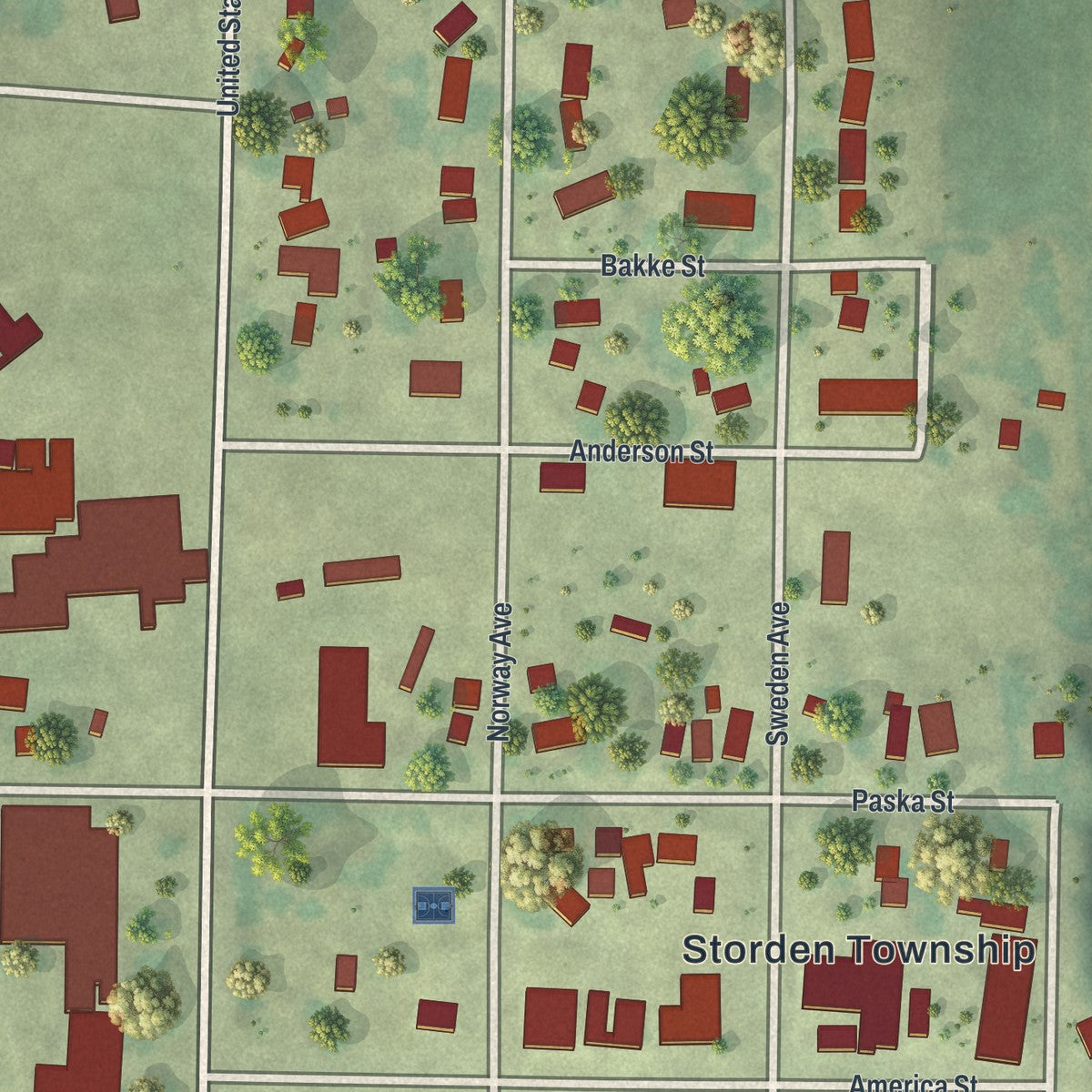 Close-up of the map of Storden, Minnesota print showing street and building detail