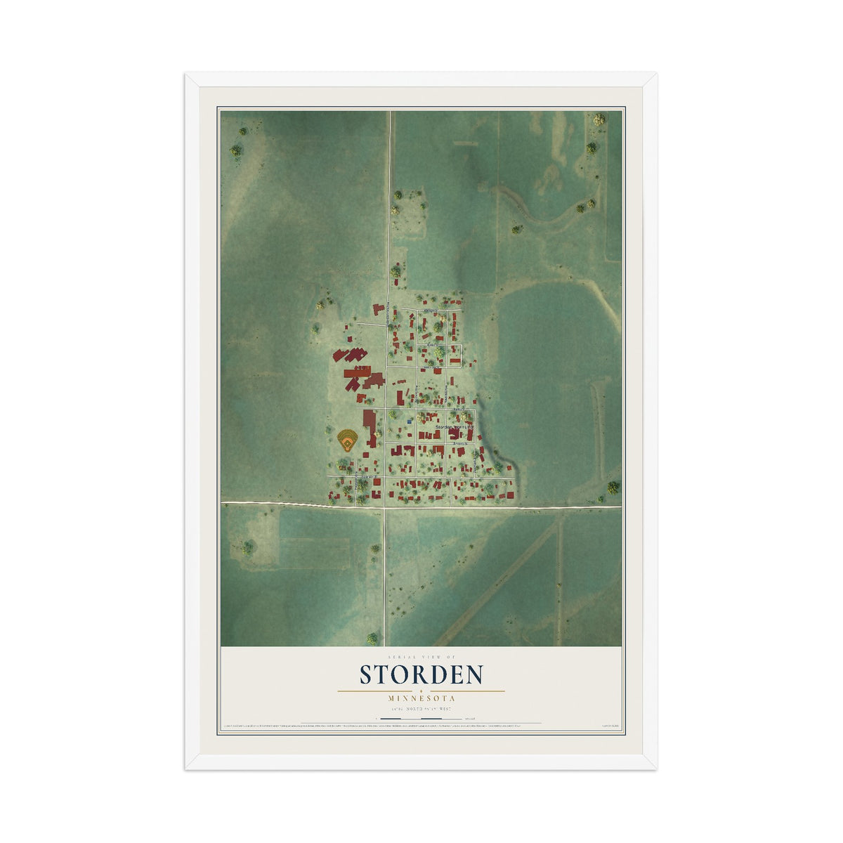 Map of Storden, Minnesota, 12 x 18 inch print in a white wood frame