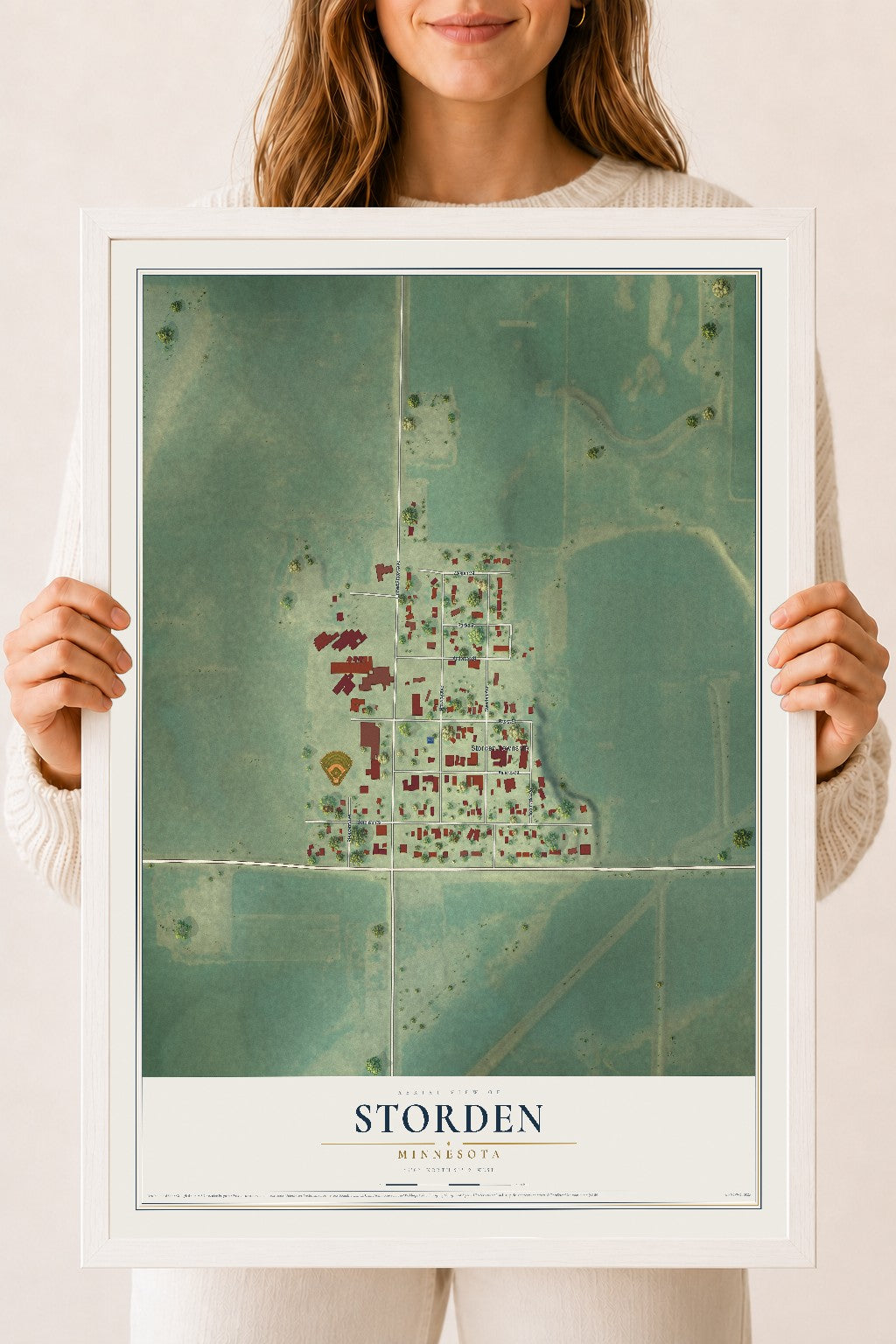 Map of Storden, Minnesota, 18 x 24 inch print in a white wood frame