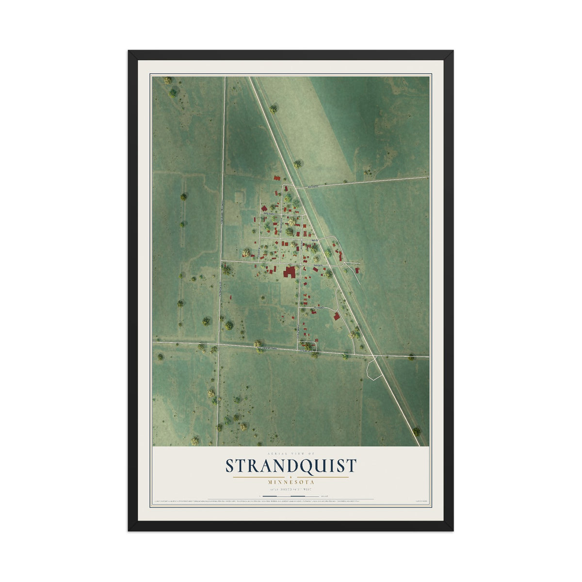 Map of Strandquist, Minnesota, 12 x 18 inch print in a black wood frame