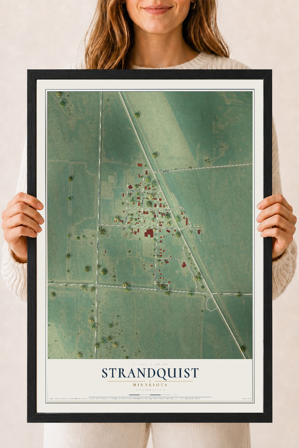 Map of Strandquist, Minnesota, 18 x 24 inch print in a black wood frame