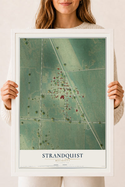 Map of Strandquist, Minnesota, 18 x 24 inch print in a white wood frame
