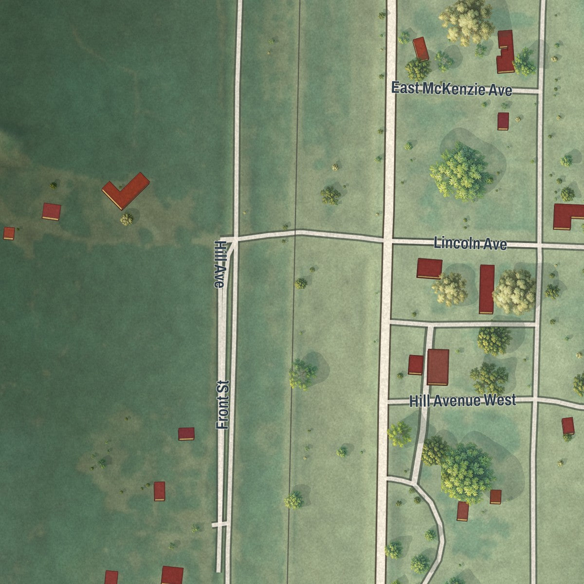 Close-up of the map of Strathcona, Minnesota print showing street and building detail