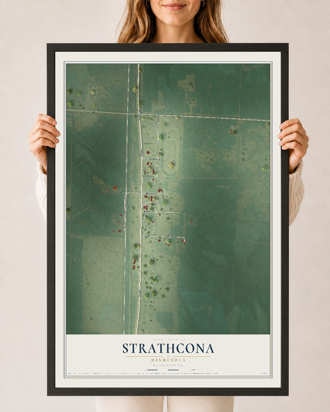 Map of Strathcona, Minnesota, 24 x 36 inch print in a black wood frame