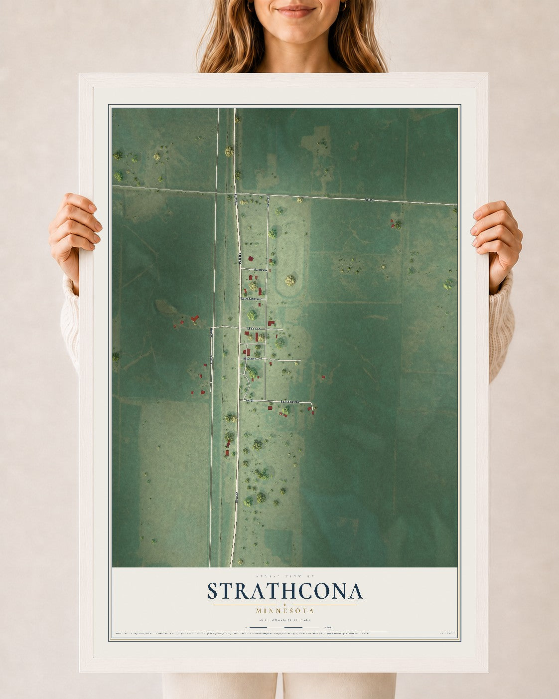 Map of Strathcona, Minnesota, 24 x 36 inch print in a white wood frame