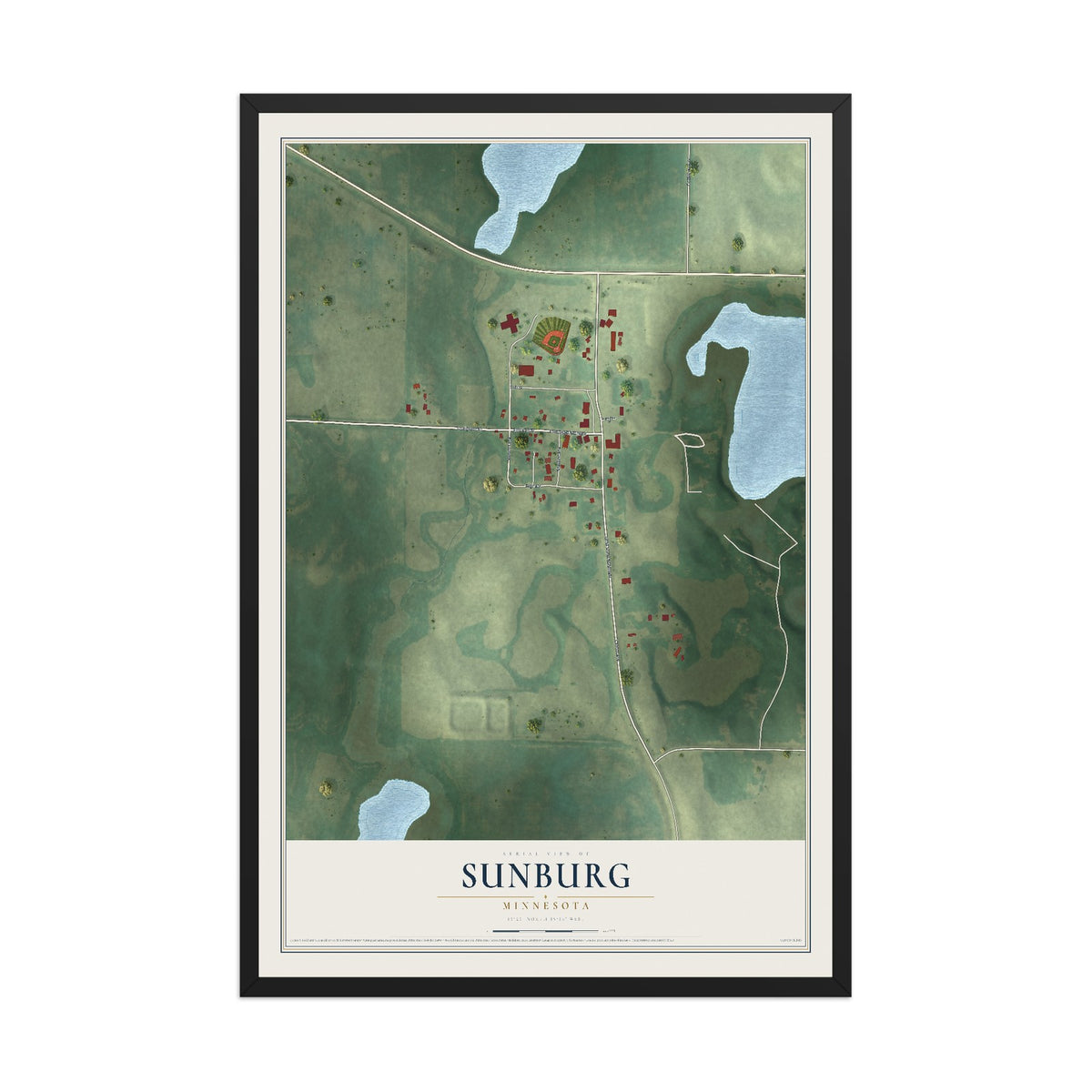 Map of Sunburg, Minnesota, 12 x 18 inch print in a black wood frame