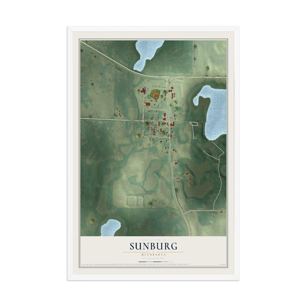 Map of Sunburg, Minnesota, 12 x 18 inch print in a white wood frame