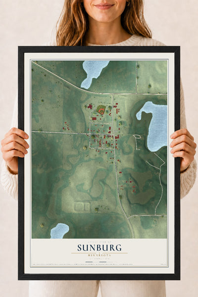 Map of Sunburg, Minnesota, 18 x 24 inch print in a black wood frame