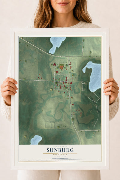 Map of Sunburg, Minnesota, 18 x 24 inch print in a white wood frame