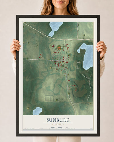 Map of Sunburg, Minnesota, 24 x 36 inch print in a black wood frame