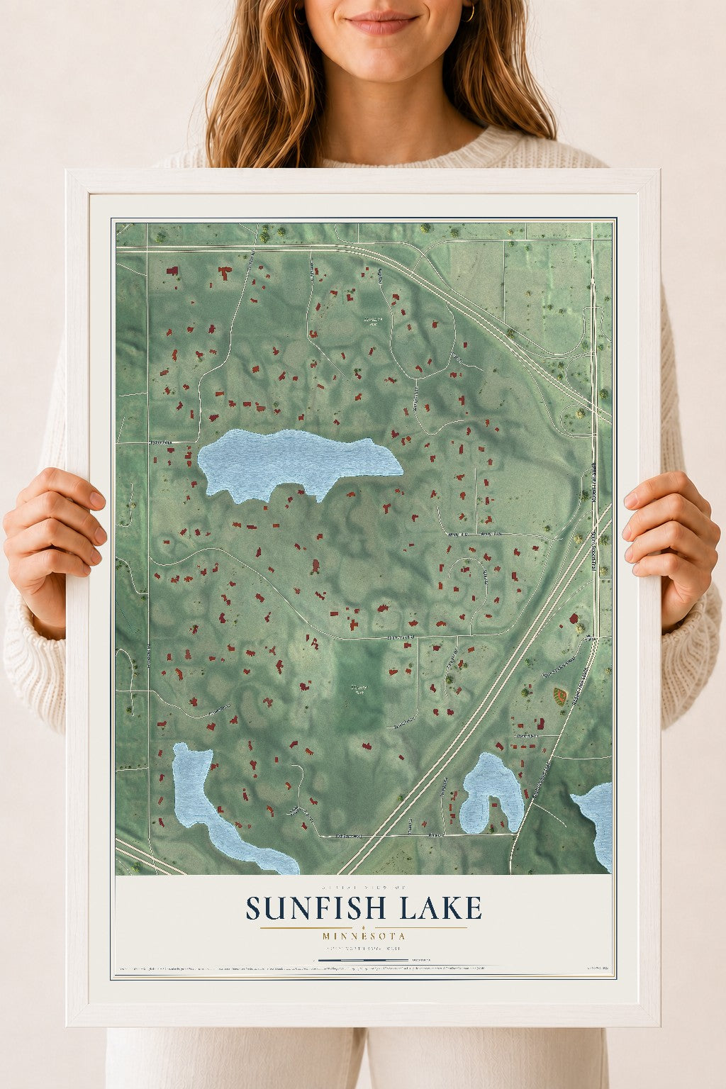 Map of Sunfish Lake, Minnesota, 18 x 24 inch print in a white wood frame