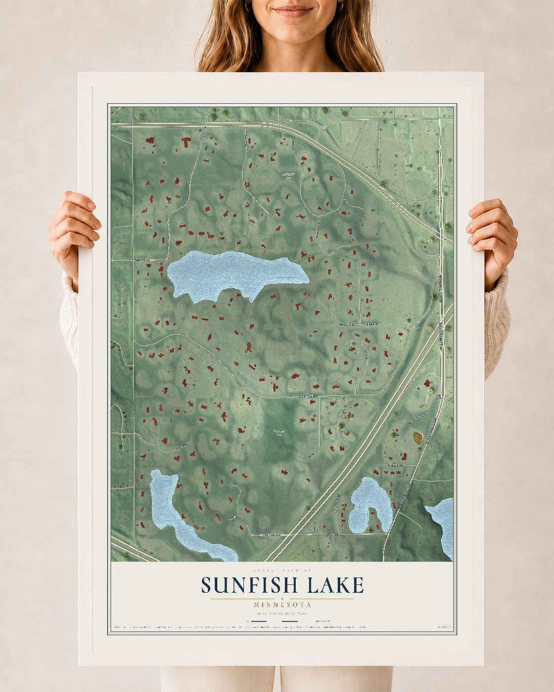 Map of Sunfish Lake, Minnesota, 24 x 36 inch print in a white wood frame