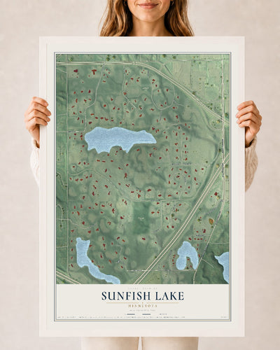 Map of Sunfish Lake, Minnesota, 24 x 36 inch print in a white wood frame