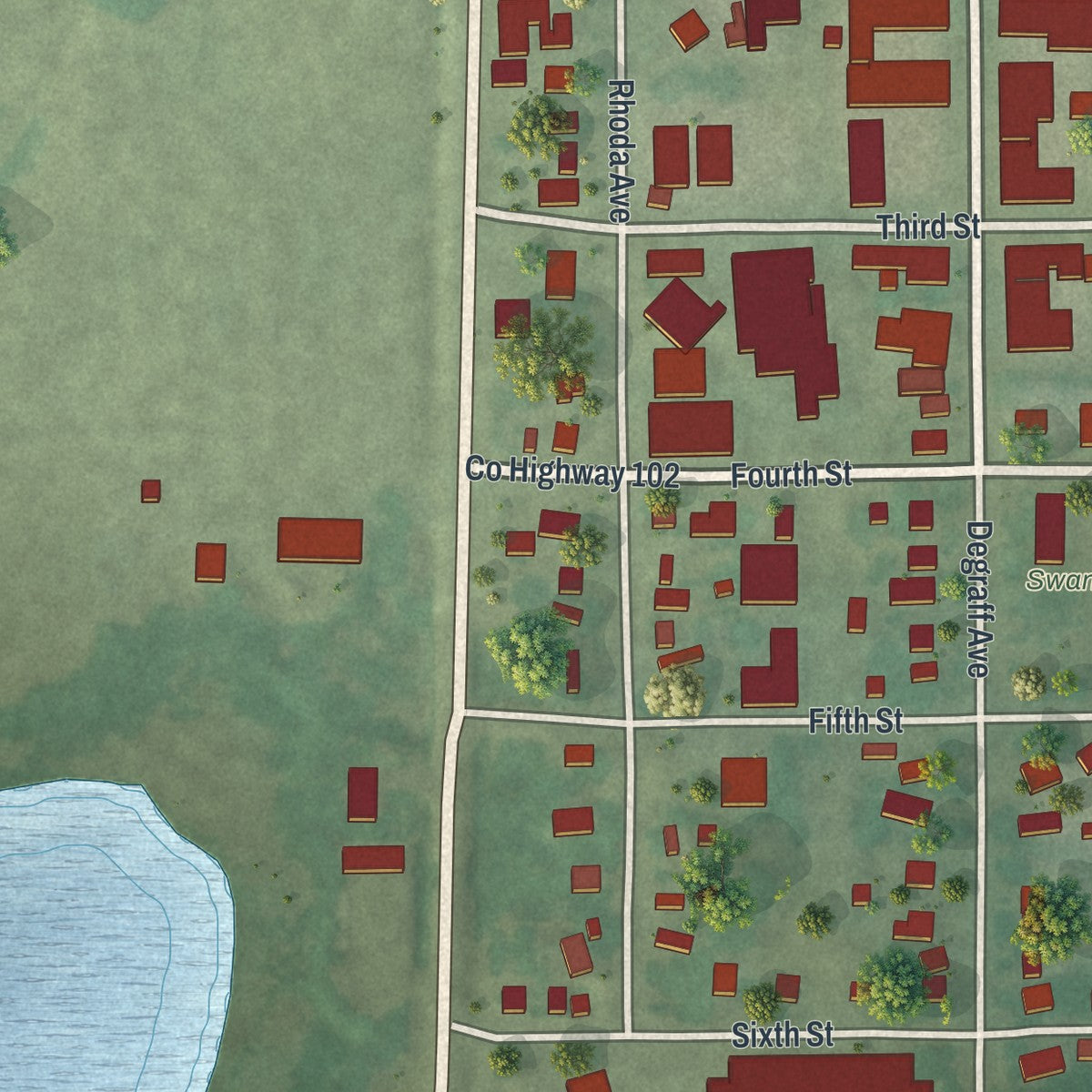 Close-up of the map of Swanville, Minnesota print showing street and building detail